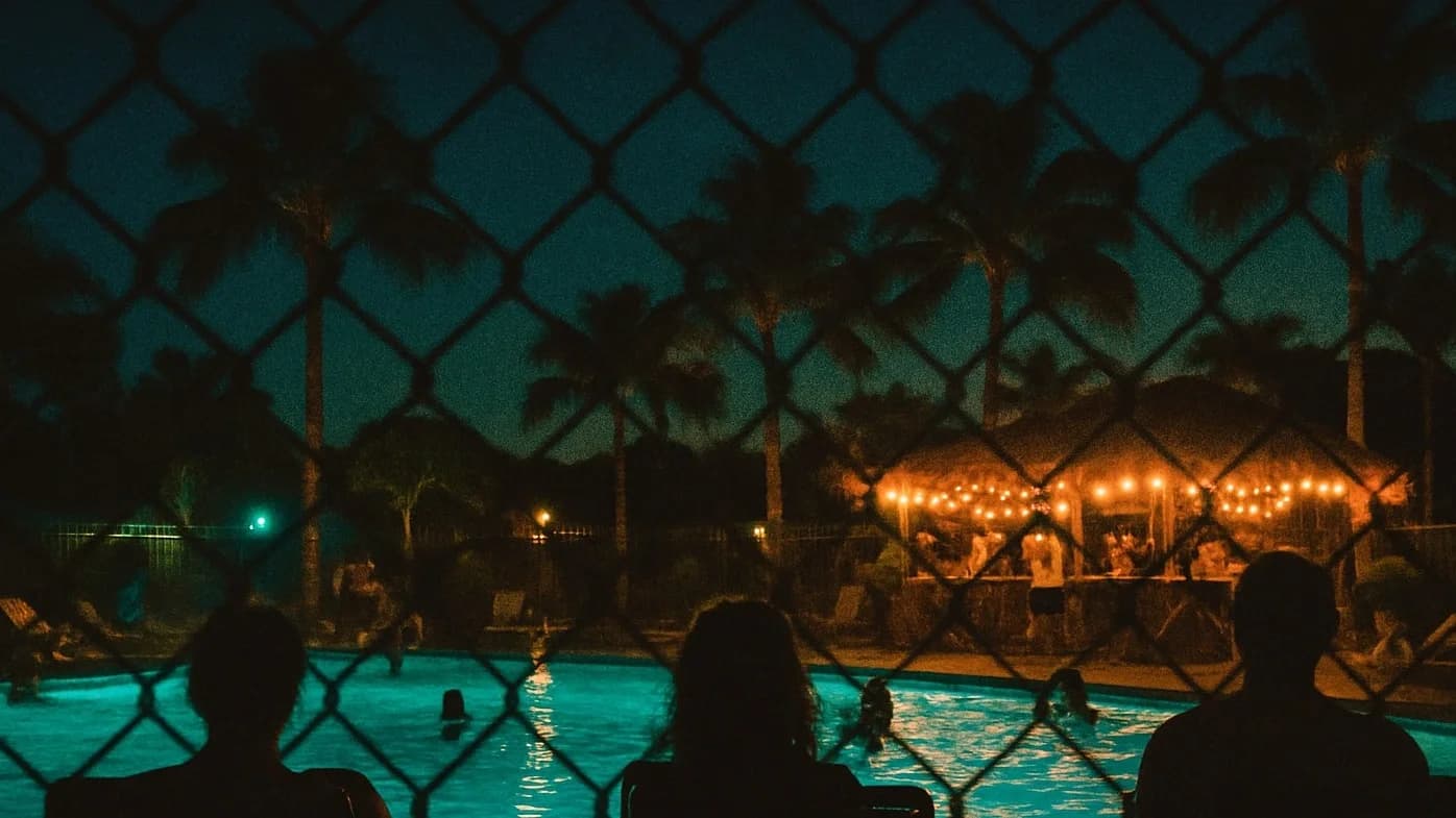 Piscina iluminada à noite, vista através de uma cerca, com pessoas sentadas e figuras na água.